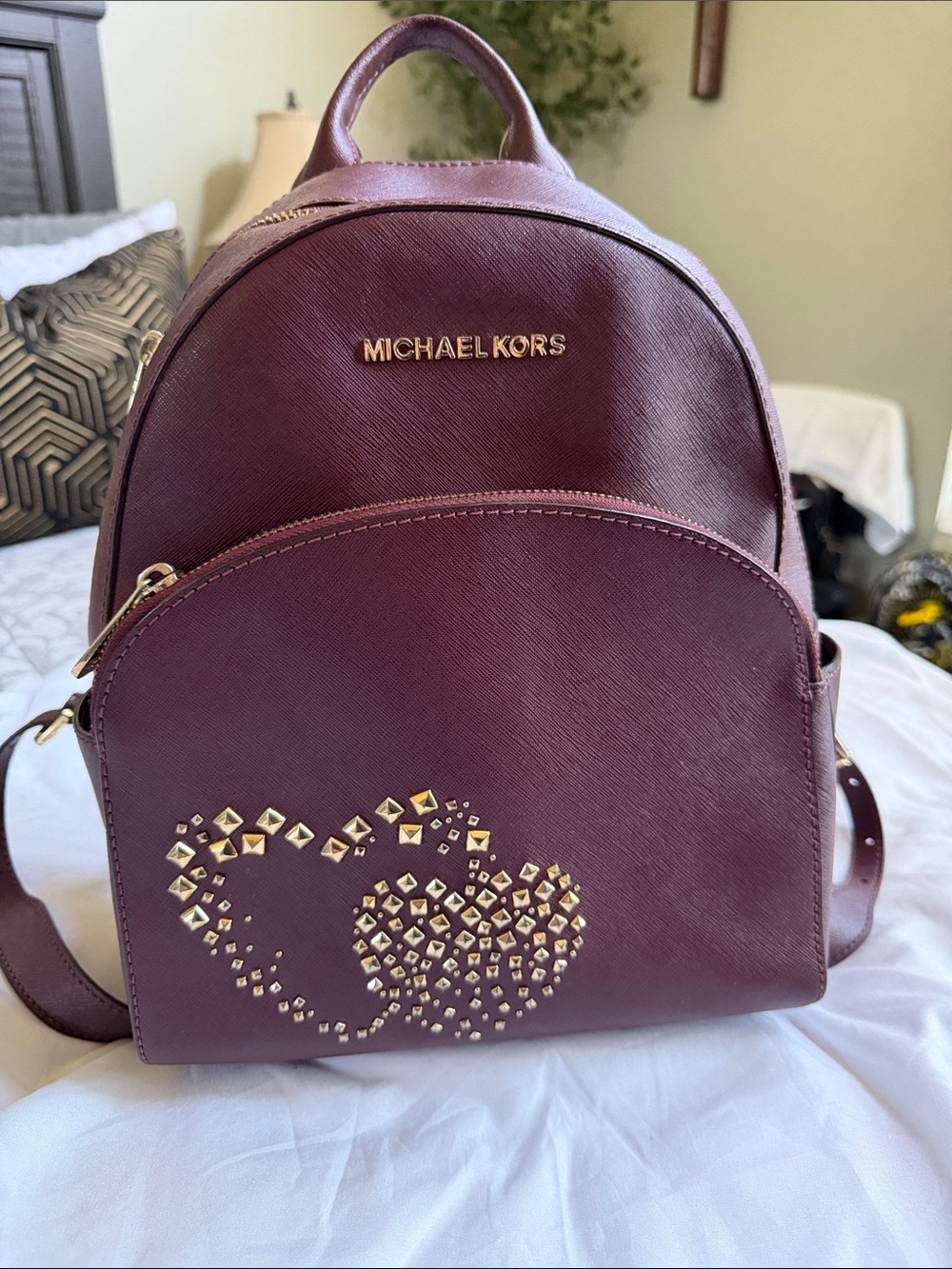 Michael Kors Plum Saffiano Mini Backpack with Gold Stud Hearts
